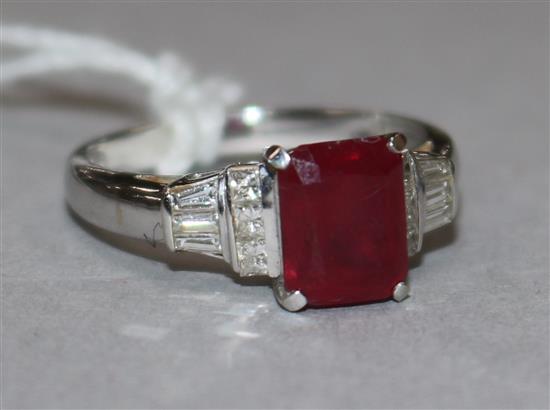 A modern 18ct white gold, ruby and diamond ring, size P.